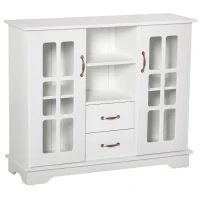 HOMCOM Modern Kitchen Sideboard with 2 Drawers, Coffee Bar Cabinet with Glass Doors Storage Cupboard and Open Shelf, White(m-2)