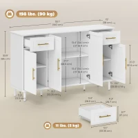 HOMCOM 55" Buffet Cabinet with Soft-Close Doors, Modern Sideboard with 2 Drawers, 3 Adjustable Shelves and 4 Doors, White(m-3)