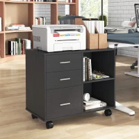 HOMCOM Modern Lateral Filing Cabinet, 3 Drawer File Cabinet for Letter and A4 Size Documents, Mobile, Printer Stand with Open Shelves, Rolling Wheels, Black(m-8)