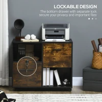 Vinsetto Lateral Filing Cabinet with Drawers and Lock, File Cabinet, Mobile Printer Stand with Open Shelves and Wheels for Letter and A4 Size Documents, Rustic Brown(m-7)