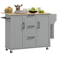 HOMCOM Rolling Kitchen Cart on Wheels with Drop Leaf, Kitchen Island with 3 Drawers, Solid Wood Top and Towel Rack, Grey(m-11)