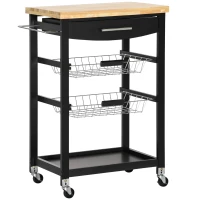 HOMCOM 3-Tier Utility Kitchen Cart with Handle Bar, Steel Basket Rolling Kitchen Island, Food Storage Service Trolley with Wheels, Rubber Wood Top (Black)(m-2)