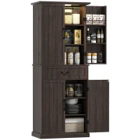 HOMCOM 71" LED Kitchen Pantry Cabinet, Farmhouse Storage Cabinet with Door Shelves, Distressed Brown(m-11)