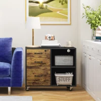 HOMCOM Mobile Printer Stand with Charging Station USB Ports Locking Filing Cabinet for A4 Letter Size Rustic Brown and Black(m-8)