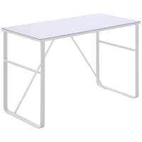 HOMCOM Office Table Glass Top Writing Desk Home Working Station Gaming Desk Metal Frame Easy Assembly, White(m-2)