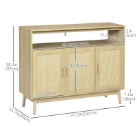 HOMCOM Accent Sideboards, Kitchen Storage Cabinet with 3 Rattan Doors, Adjustable Shelves for Living Room, Hallway(m-3)