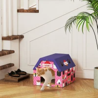 PawHut Cat Scratcher House, 2-in-1 Cardboard Cat Scratching Pad with Door, 4 Paw-Shaped Vents and Grass for Indoor, Pink(m-8)