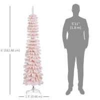HOMCOM 6ft Snow-Flocked Artificial Christmas Tree, Slim Pencil Xmas Tree with 395 Realistic Branches, Metal Base, Pink(m-3)