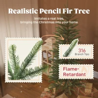 HOMCOM 5 ft Artificial Fir Pencil Christmas Tree, Hinged Xmas Tree with 316 Branch Tips and Metal Stand, Easy Assembly, Green(m-5)