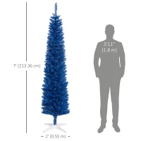 HOMCOM 7' Pencil Christmas Tree, Slim Artificial Xmas Tree with Realistic Branches, Sturdy Metal Stand, Deep Blue(m-3)
