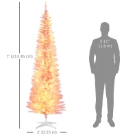 HOMCOM 7' Pre Lit Artificial Pencil Christmas Trees, Xmas Tree with Realistic Branches and Warm White LED Lights, Pink(m-3)