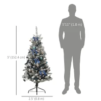 HOMCOM 5ft Prelit Artificial Christmas Tree with Blue Ornaments, Flocked Christmas Tree with LED Lights for Holiday(m-3)