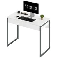 HOMCOM High Gloss Home Office Desk, 39" x 20" Computer Desk with 2 Drawers for Small Spaces, White and Grey(m-2)