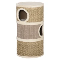 PawHut Cat Condo 3 Story Three Holes with Sisal Seaweed Scratching Cover Surface, Cat Tower for Indoor Cats, 15" x 28", Khaki and Brown(m-11)