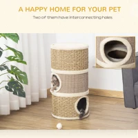 PawHut Cat Condo 3 Story Three Holes with Sisal Seaweed Scratching Cover Surface, Cat Tower for Indoor Cats, 15" x 28", Khaki and Brown(m-4)