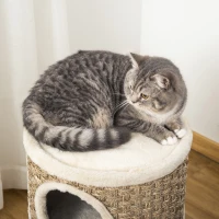 PawHut Cat Condo 3 Story Three Holes with Sisal Seaweed Scratching Cover Surface, Cat Tower for Indoor Cats, 15" x 28", Khaki and Brown(m-9)