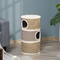 PawHut Cat Condo 3 Story Three Holes with Sisal Seaweed Scratching Cover Surface, Cat Tower for Indoor Cats, 15" x 28", Khaki and Brown(m-8)