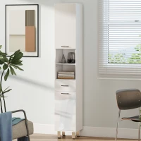 kleankin 71" Tall Bathroom Storage Cabinet, Narrow Linen Tower with Drawer, Open Shelves, 2 Doors Cabinets and Adjustable Shelves, High Gloss White(m-7)