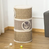 PawHut Cat Condo 3 Story Three Holes with Sisal Seaweed Scratching Cover Surface, Cat Tower for Indoor Cats, 15" x 28", Khaki and Brown(m-1)