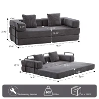 Apartment Sofa Convertible Floor Sofa Bed with Pillow Back Support and Armrest, Compressed Sofa Lounge Sleeper with Corduroy Fabric, 77'' L x 37.5'' W x 23.5'' H, Dark Grey(m-3)