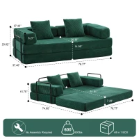 Apartment Sofa Convertible Floor Sofa Bed with Pillow Back Support and Armrest, Compressed Sofa Lounge Sleeper with Corduroy Fabric, 77'' L x 37.5'' W x 23.5'' H, Dark Green(m-3)