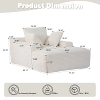 Compressed Sofa Oversized Chaise Lounge Chair with 3 Throw Pillows and Wide Armrest, Modular Sofas for Small Spaces Sleeper Sofa Daybed with Corduroy Fabric, 66'' L x 47'' W x 24'' H, White(m-3)