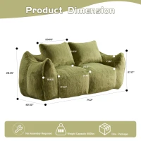 Bean Bag Sofa with High-Density Foam and Faux Fur Fabric, Compressed Sofa Oversized Fluffy Loveseat for Adults, 75" L x 42.5" W x 28.5" H, Green(m-3)