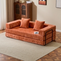 Foldable Sofa Bed Convertible Floor Sofa with Pillow Back Support and Armrest, Compressed Sofa Couch Lounge Sleeper with Chenille Fabric, 77'' L x 37.5'' W x 23.5'' H, Orange