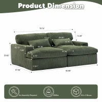 Deep Seat Sofa Double Chaise Lounge Chair with Corduroy Fabric, Compressed Sofa Sectional Loveseat for Apartments, 82.5'' L x 57'' W x 23.5'' H, Green(m-3)