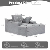 Compressed Sofa Oversized Chaise Lounge Chair with 3 Throw Pillows and Wide Armrest, Modular Sofas for Small Spaces Sleeper Sofa Daybed with Corduroy Fabric, 66'' L x 47'' W x 24'' H, Grey(m-3)