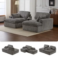 Deep Seat Sofa Double Chaise Lounge Chair with Corduroy Fabric, Compressed Sofa Sectional Loveseat for Apartments, 82.5'' L x 57'' W x 23.5'' H, Grey(m-8)