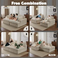 Deep Seat Sofa Double Chaise Lounge Chair with Corduroy Fabric, Compressed Sofa Sectional Loveseat for Apartments, 82.5'' L x 57'' W x 23.5'' H, White(m-4)