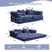 Convertible Sofa Bed Floor Sofa with Fixed-Shape Frame and Chenille Fabric, Compressed Sofa for Living Room, 79" L x 39.5" W x 25" H, Dark Blue(m-3)