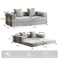 Apartment Sofa Convertible Floor Sofa Bed with Pillow Back Support and Armrest, Compressed Sofa Lounge Sleeper with Chenille Fabric, 77'' L x 37.5'' W x 23.5'' H, Light Grey(m-3)