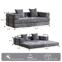 Foldable Sofa Bed Convertible Floor Sofa with Pillow Back Support and Armrest, Compressed Sofa Lounge Sleeper with Chenille Fabric, 77'' L x 37.5'' W x 23.5'' H, Dark Grey(m-3)