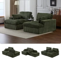 Deep Seat Sofa Double Chaise Lounge Chair with Corduroy Fabric, Compressed Sofa Sectional Loveseat for Apartments, 82.5'' L x 57'' W x 23.5'' H, Green(m-8)