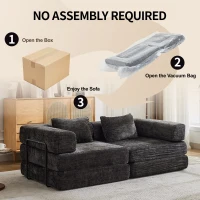 Convertible Sofa Bed Floor Sofa with Fixed-Shape Frame, Chenille Fabric Loveseat Modular Sectional for Apartments, Compressed Sofa 79" L x 39.5" W x 25" H, Black(m-8)