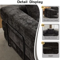 Convertible Sofa Bed Floor Sofa with Fixed-Shape Frame, Chenille Fabric Loveseat Modular Sectional for Apartments, Compressed Sofa 79" L x 39.5" W x 25" H, Black(m-7)