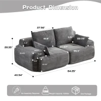 Compressed Sofa 2-Seater Modern Memory Foam Sofa with Pet-Friendly Corduroy Fabric, Two Seater Couch Sectional for Living Room, 84" L x 41" W x 28.5" H, Grey(m-3)