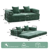 Foldable Sofa Bed Convertible Floor Sofa with Pillow Back Support and Armrest, Compressed Sofa Lounge Sleeper with Chenille Fabric, 77'' L x 37.5'' W x 23.5'' H, Dark Green(m-3)