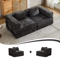 Convertible Sofa Bed Floor Sofa with Fixed-Shape Frame, Chenille Fabric Loveseat Modular Sectional for Apartments, Compressed Sofa 79" L x 39.5" W x 25" H, Black(m-9)
