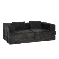 Convertible Sofa Bed Floor Sofa with Fixed-Shape Frame, Chenille Fabric Loveseat Modular Sectional for Apartments, Compressed Sofa 79" L x 39.5" W x 25" H, Black(m-2)