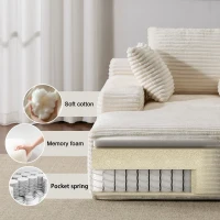 Compressed Sofa Oversized Chaise Lounge Chair with 3 Throw Pillows and Wide Armrest, Modular Sofas for Small Spaces Sleeper Sofa Daybed with Corduroy Fabric, 66'' L x 47'' W x 24'' H, White(m-6)