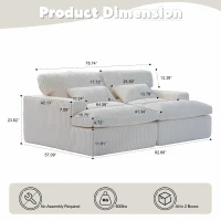 Deep Seat Sofa Double Chaise Lounge Chair with Corduroy Fabric, Compressed Sofa Sectional Loveseat for Apartments, 82.5'' L x 57'' W x 23.5'' H, White(m-3)