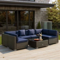Outsunny 7 Pieces Patio Furniture Set, Rattan Outdoor Conversation Set Garden Wicker Sofa Set, Sectional Furniture, Navy(m-1)