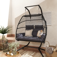 Outsunny Double Wicker Egg Swing Chair with Stand, Foldable Hanging Egg Chair with UV Resistant Cushion, Headrest, Dark Grey