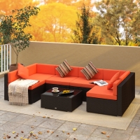 Outsunny 7 Pieces Patio Furniture Set, Rattan Conversation Set Garden Wicker Sofa Set with Washable Cushions and Coffee Table, for Deck Balcony Yard, Orange