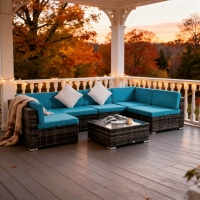 Outsunny 7 Pieces Outdoor Rattan Furniture Set, Patio Wicker Sectional Conversation Sofa Set with Washable Cushions and Coffee Table, for Deck Balcony Yard, Sky Blue