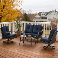 Outsunny 4 PCS Patio PE Rattan Wicker Sofa Set Outdoor Conversation Furniture w/ Two Tier Tea Table & Cushions, Navy Blue(m-1)