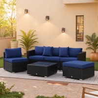 Outsunny 6 Pieces Outdoor PE Rattan Wicker Patio Furniture Sofa Set with Thick Cushions, Deluxe Garden Sectional Couch with Glass Top Table, Black and Dark Blue